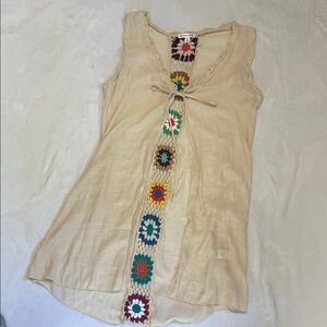 Beige Sleeveless Vest with Colorful Crochet Detail